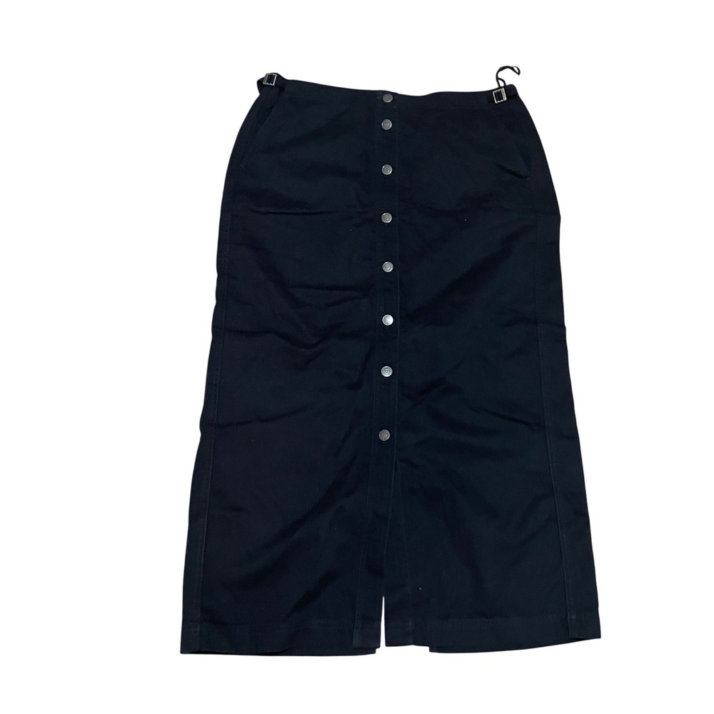 VTG Ralph Lauren Women's 14 Black Cotton Button Front Midi Skirt Side Buckles